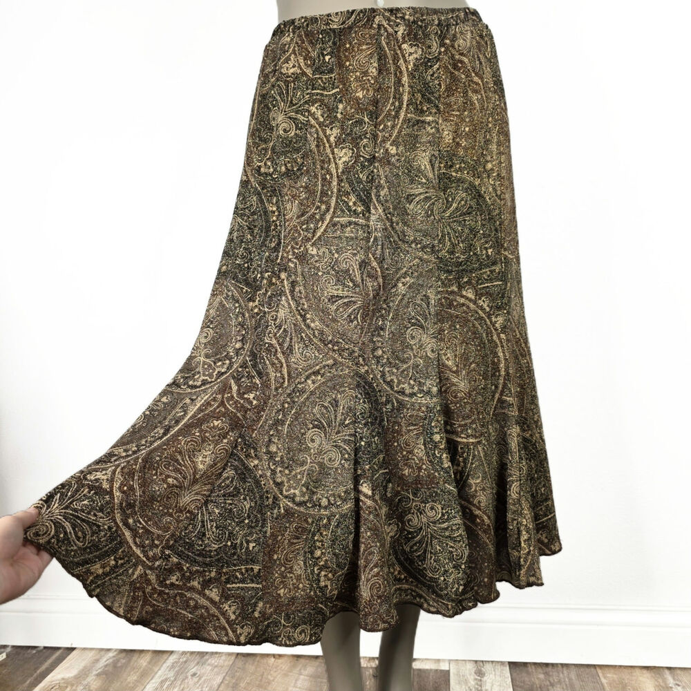 Y2K Brown Paisley Midi Skirt Boho Flowy Sparkly Fairy Grunge Whimsigoth Large